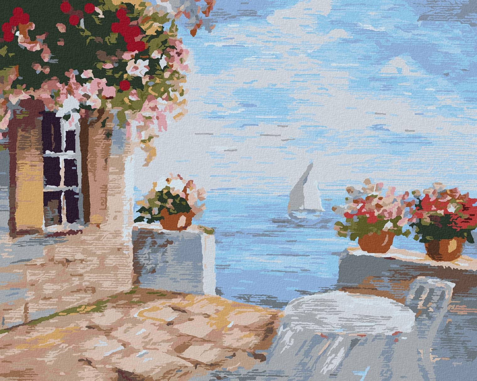 Zuty – Maľovanie podľa čísel – Terasa s kvetmi pri mori, 80 × 100 cm, plátno + rám
