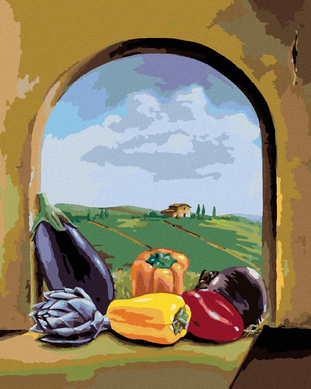 Zuty – Maľovanie Podľa Čísel – Mix Zeleniny Na Okne S Výhľadom Na Krajinu, 80 × 100 cm, Plátno + Rám