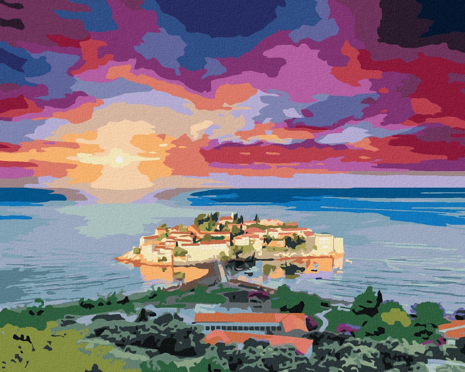 Zuty – Maľovanie Podľa Čísel – Výhľad Na Sveti Stefan, 80 × 100 cm, Plátno + Rám