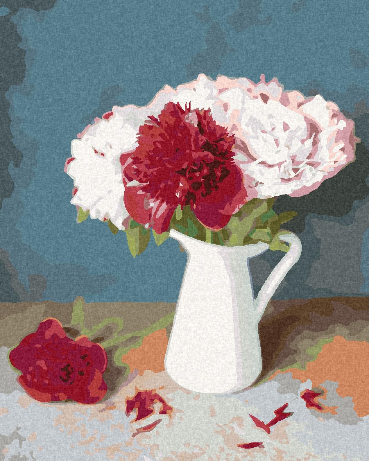 Zuty – Maľovanie Podľa Čísel – Červené A Biele Pivonky Vo Váze, 40 × 50 cm, Plátno + Rám