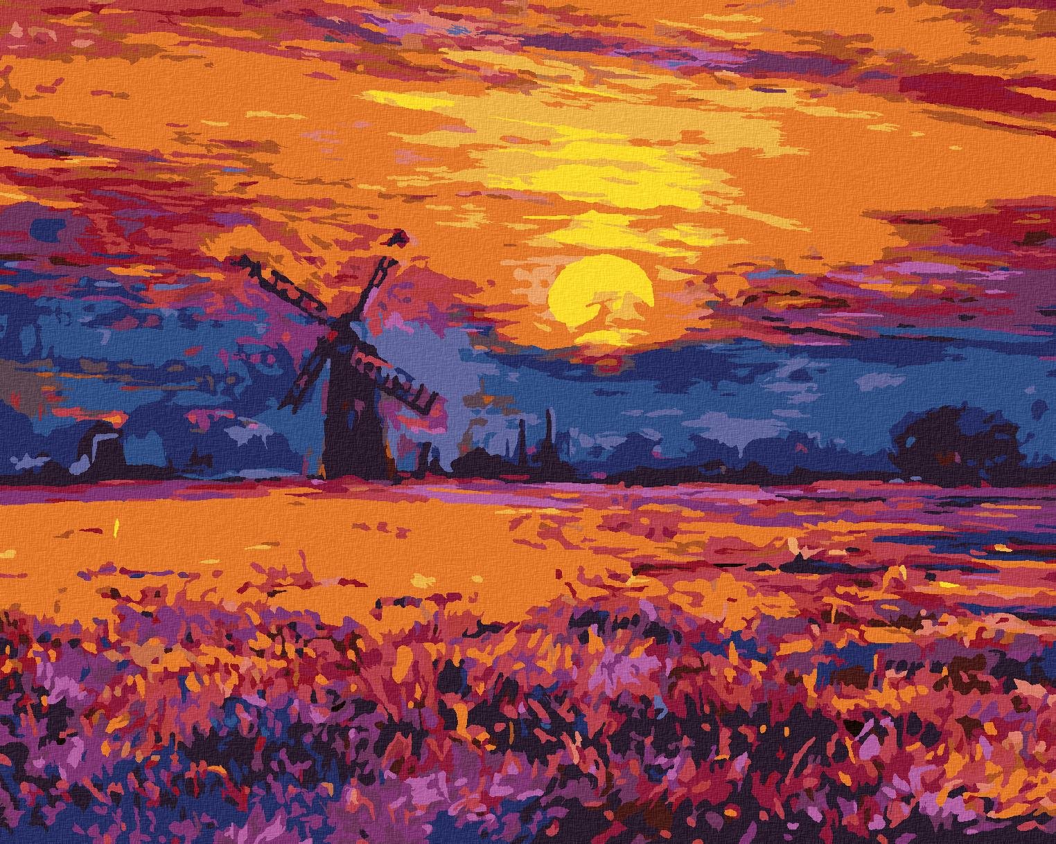 Zuty – Maľovanie Podľa Čísel – Farebný Západ Slnka A Veterný Mlyn, 40 × 50 cm, Plátno + Rám