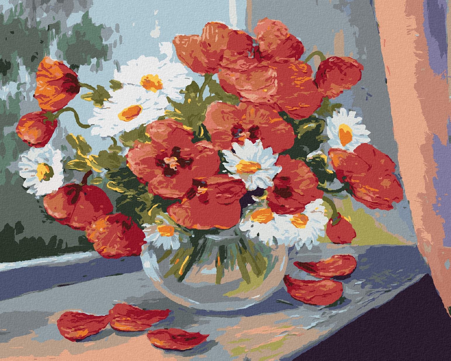 Zuty – Maľovanie Podľa Čísel – Margarétky A Vlčie Maky Na Okne, 40 × 50 cm, Plátno + Rám