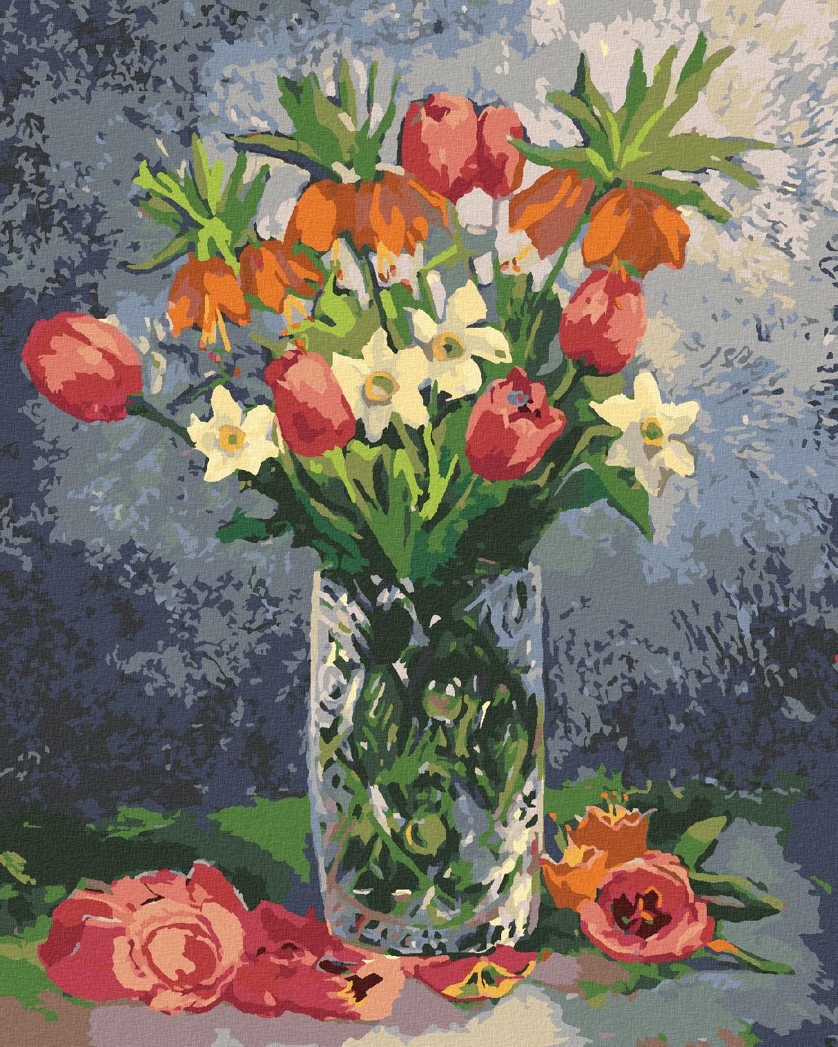 Zuty – Maľovanie Podľa Čísel – Tulipány A Ďalšie Jarné Kvety Vo Váze, 80 × 100 cm, Plátno + Rám
