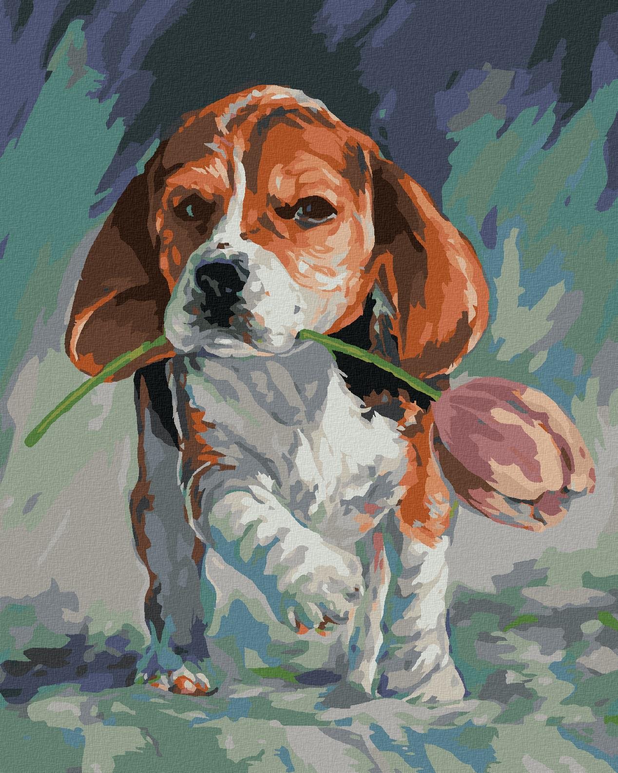 Zuty – Maľovanie Podľa Čísel – Psík S Tulipánom, 40 × 50 cm, Plátno + Rám