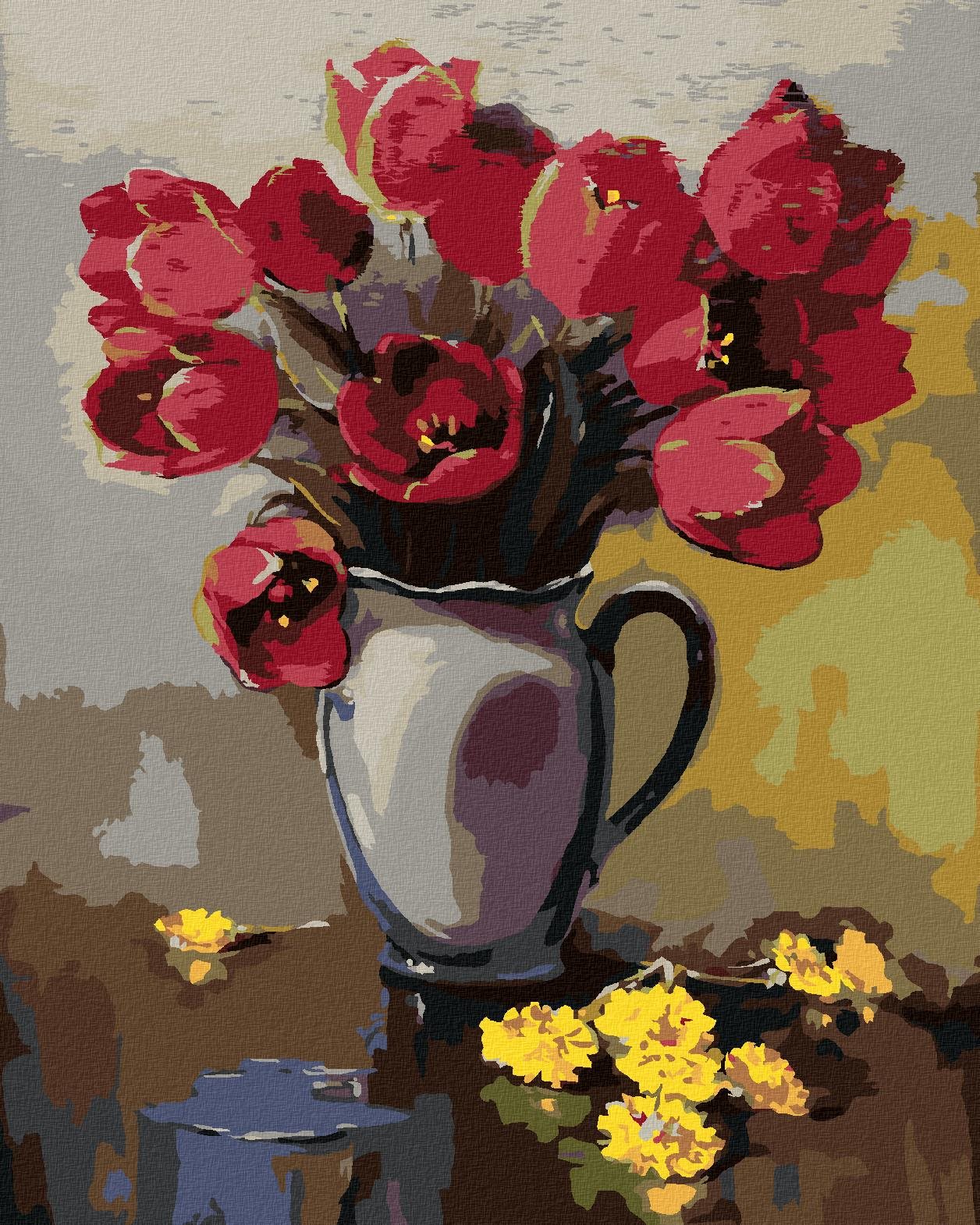 Zuty – Maľovanie podľa čísel – Tulipány vo váze a púpavy na stole, 80 × 100 cm, plátno + rám
