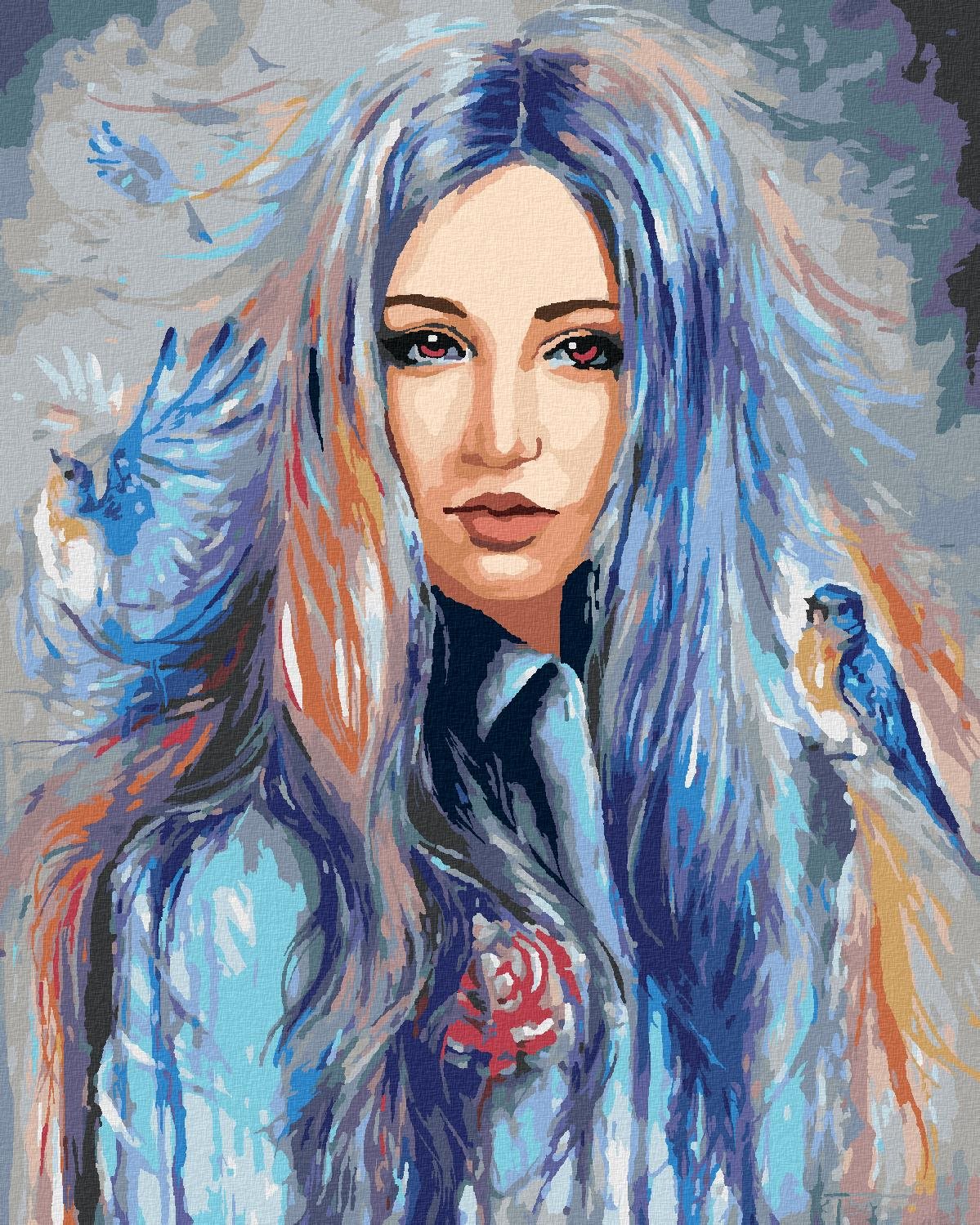 Zuty – Maľovanie Podľa Čísel – Žena S Modrými Vtáčikmi, 80 × 100 cm, Plátno + Rám