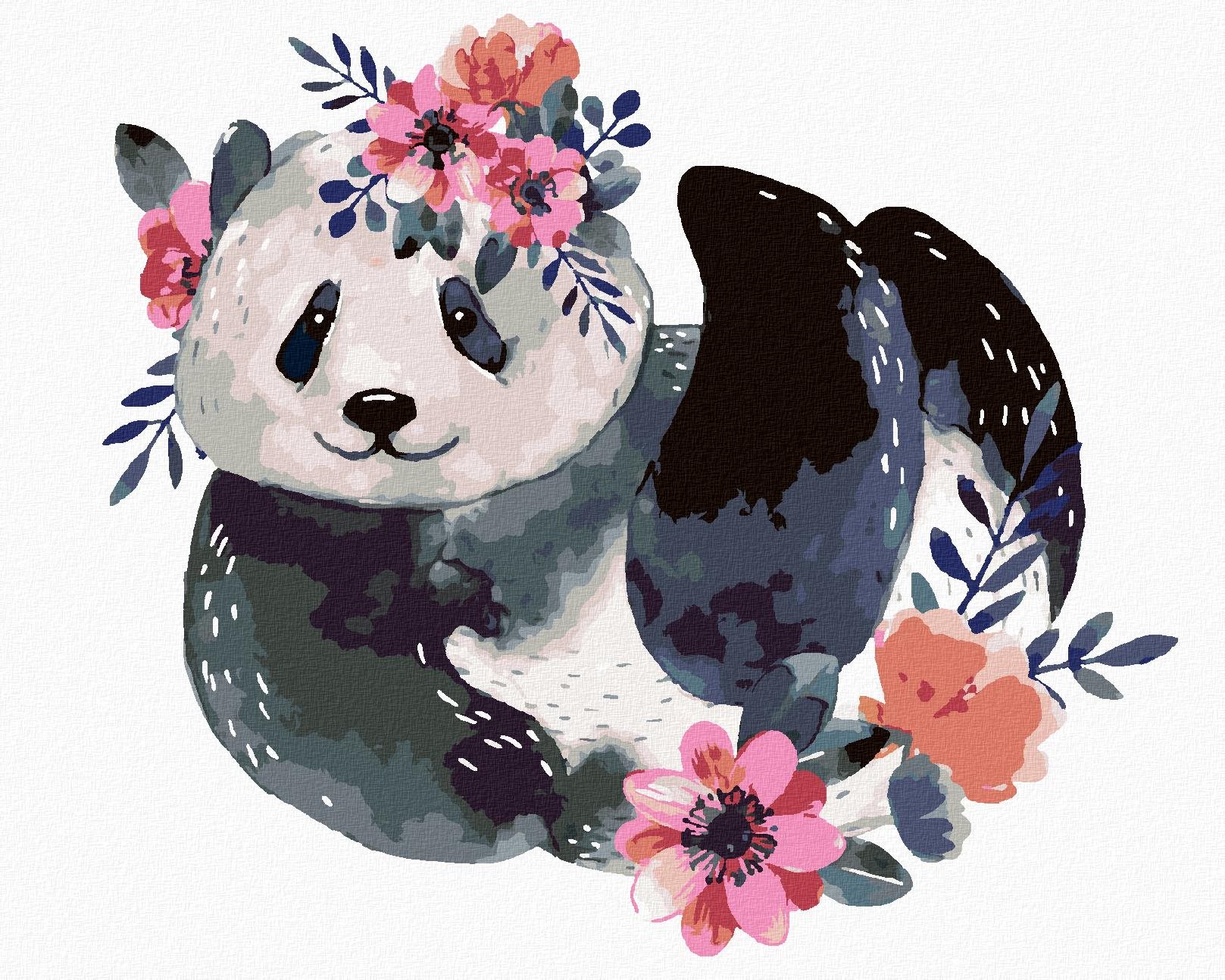 Zuty – Maľovanie Podľa Čísel – Panda S Kvetmi, 80 × 100 cm, Plátno