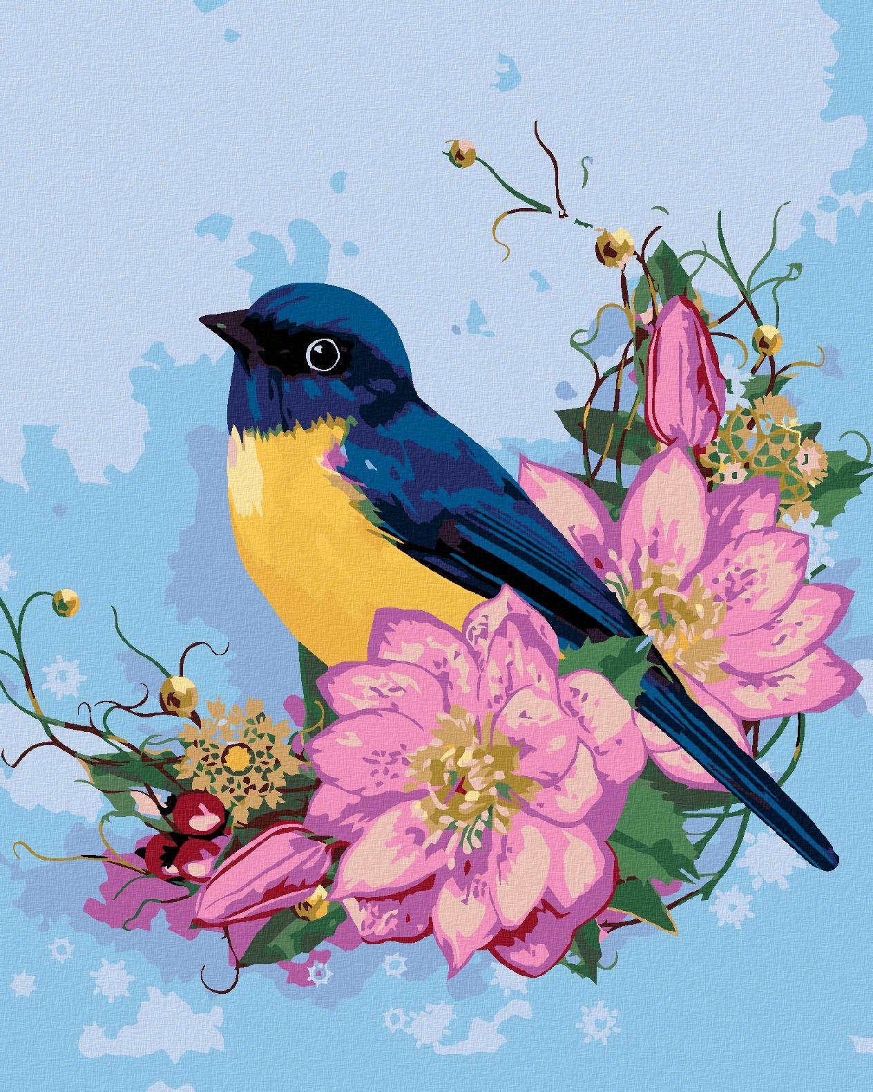 Zuty – Maľovanie Podľa Čísel – Modrý Vták A Ružové Kvety, 40 × 50 cm, Plátno + Rám