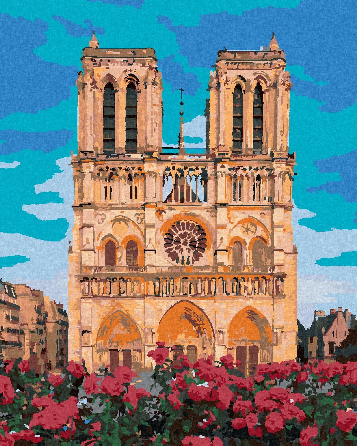 Zuty – Maľovanie Podľa Čísel – Notre Dame V Paríži A Červené Kvety, 40 × 50 cm, Plátno + Rám
