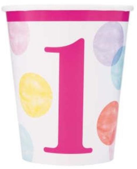Papierové poháriky 1. Narodeniny ružové s bodkami 270 ml, 8 ks