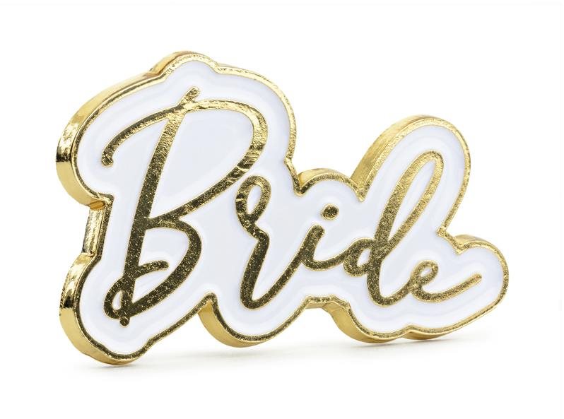 Párty kovový odznak Bride, bielo-zlatý, 3,5 × 2 cm