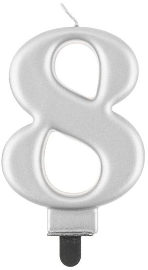 Narodeninová sviečka na tortu – 8 – metalická strieborná – 8 cm