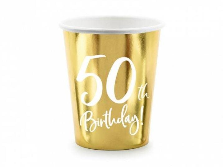 Papierové tégliky 50 rokov – Narodeniny – Happy Birthday – zlaté – 220 ml, 6 ks