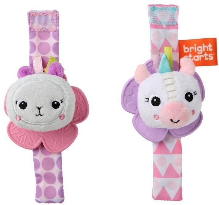 Bright Starts Hrkálka s hryzadlom na ruku, 2 ks, jednorožec/lama, 0 mes.+
