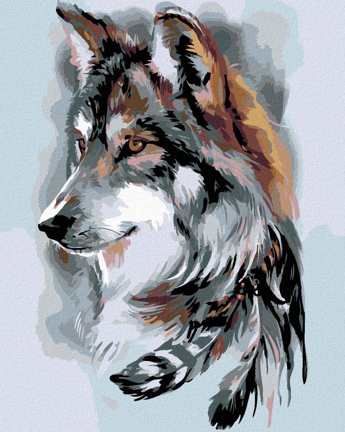 Maľovanie podľa čísel – Vlk a pierka, 80 × 100 cm, napnuté plátno na rám