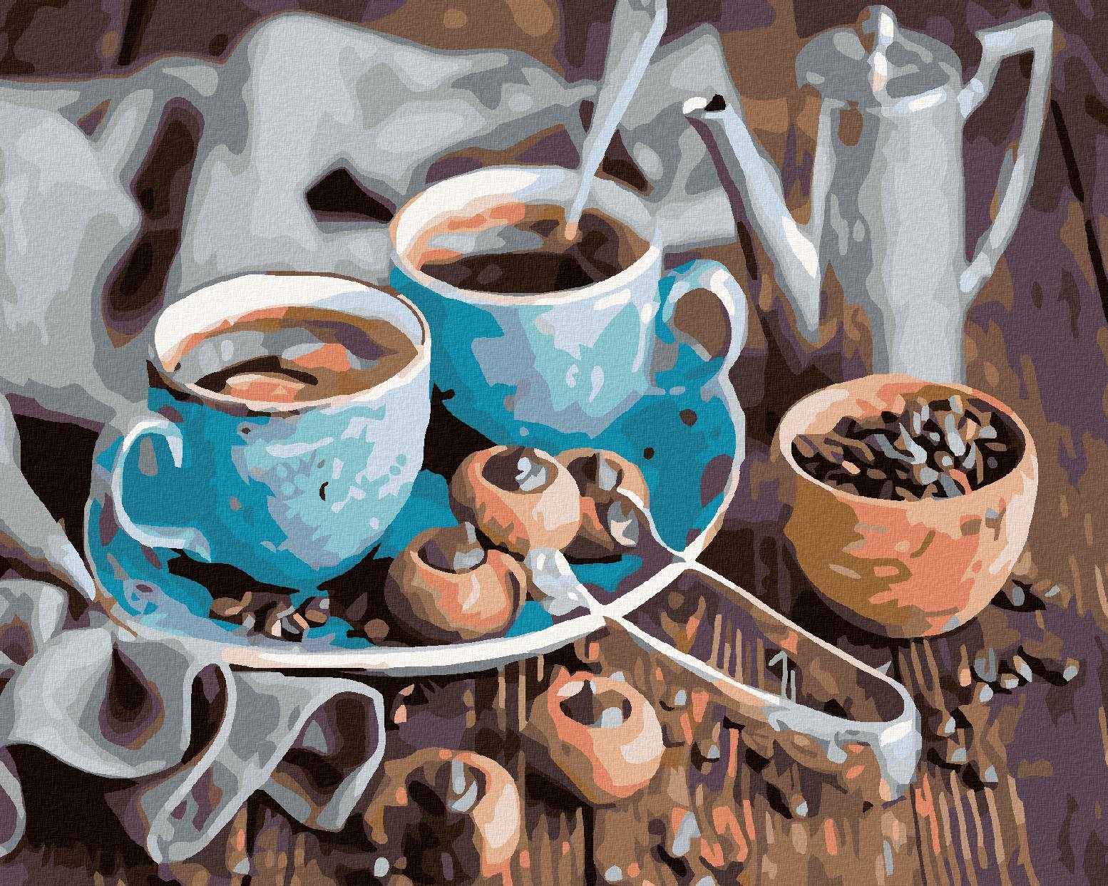 Maľovanie podľa čísel - Modré šálky kávy, 100 x 80 cm, bez rámu a bez napnutého plátna
