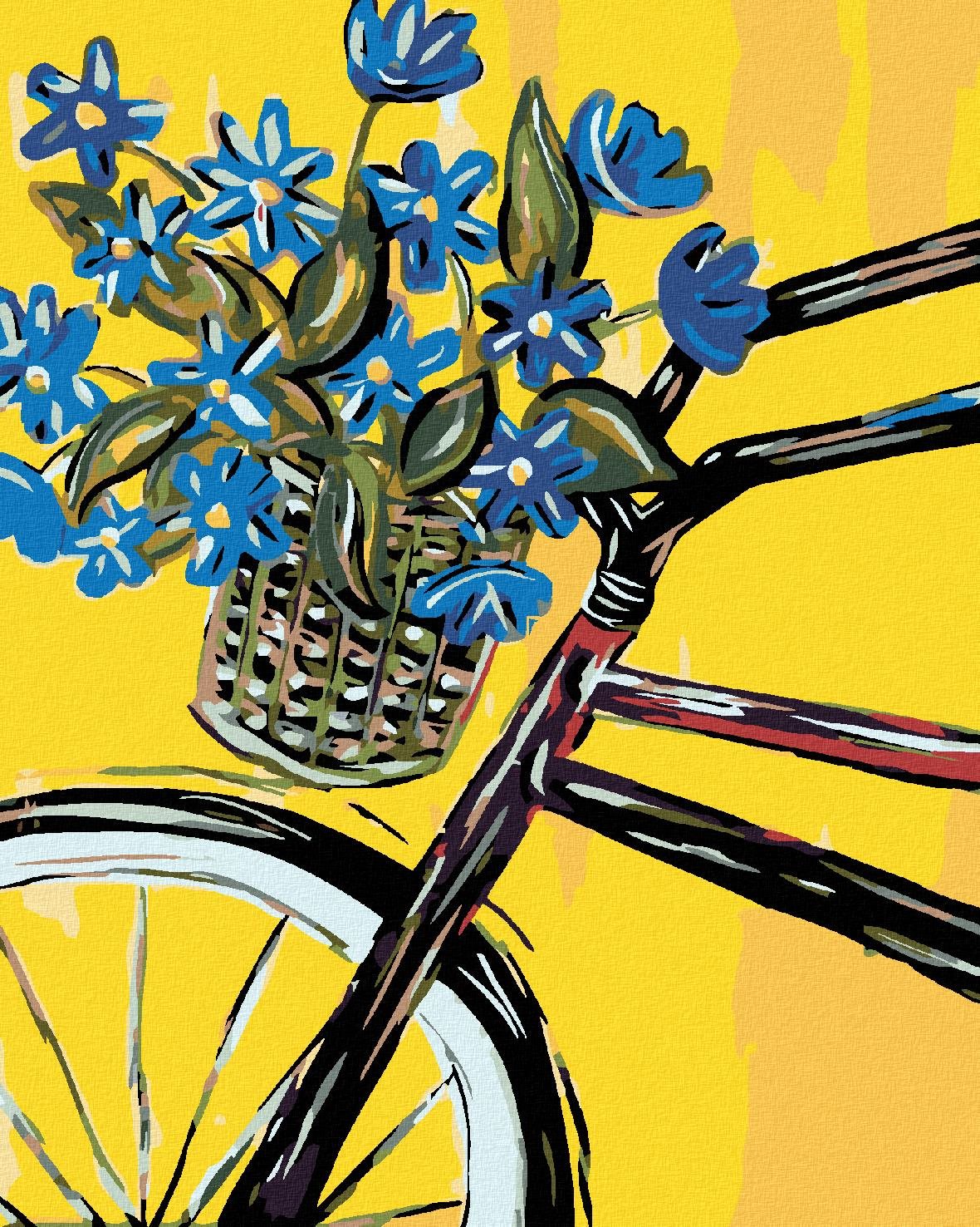 Maľovanie podľa čísel – Modré kvety na bicykli, 80 × 100 cm, napnuté plátno na rám