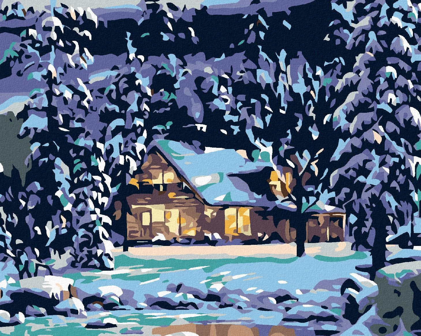 Maľovanie podľa čísel - Zasnežený zrub v lese, 100 x 80 cm, bez rámu a napnutého plátna