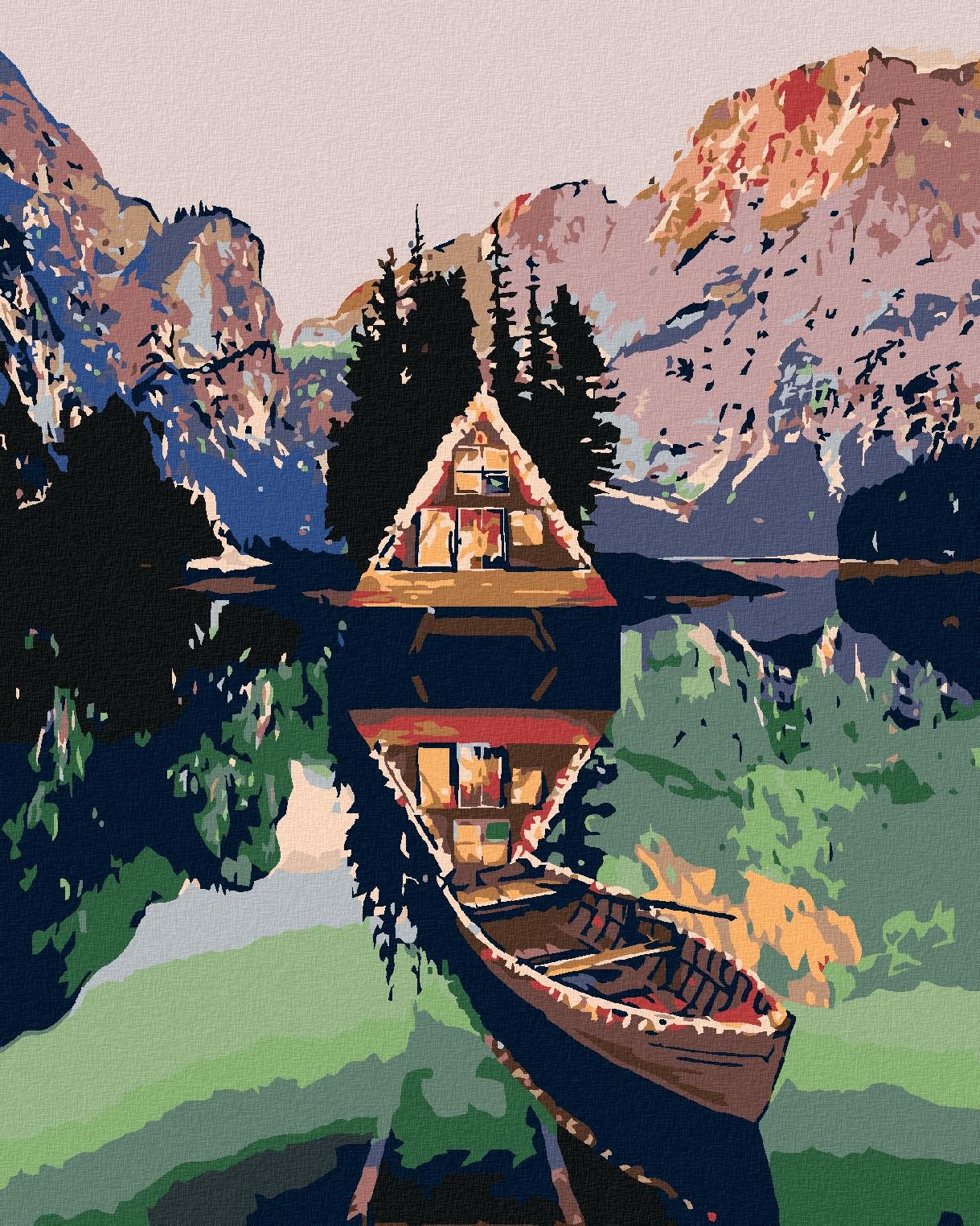 Maľovanie podľa čísel – Pramica pri chatke na jazere v horách, 40 × 50 cm, napnuté plátno na rám