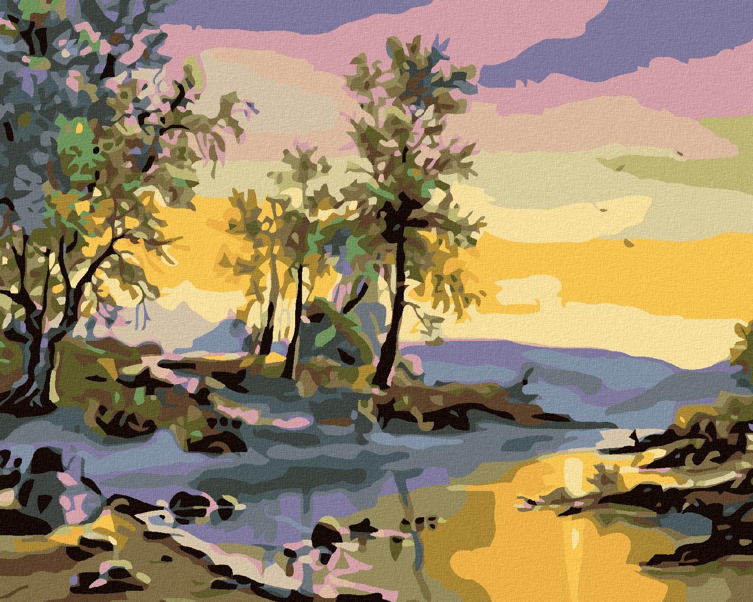 Maľovanie podľa čísel – Západ slnka nad riekou, 50 × 40 cm, bez rámu a bez napnutia plátna