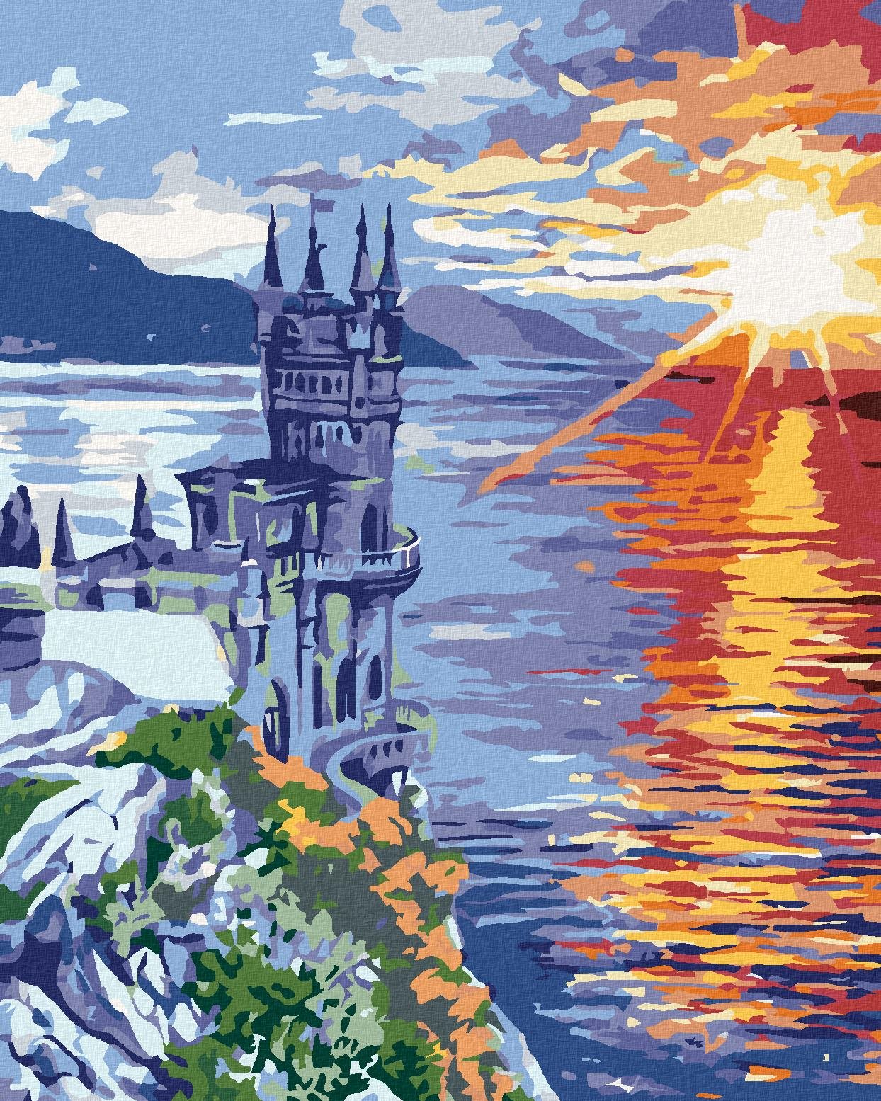 Maľovanie podľa čísel - Zámok na skale a východ slnka, 80 x 100 cm, bez rámu a napnutého plátna