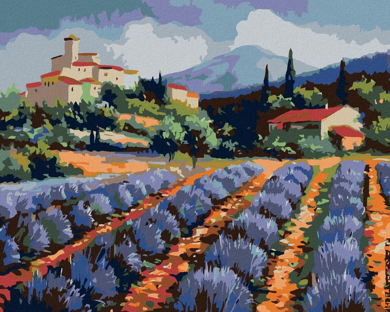 Maľovanie podľa čísel – Stavby a levanduľový lán, 50 × 40 cm, napnuté plátno na rám