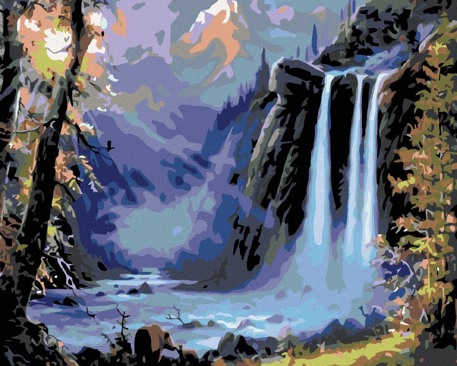 Maľovanie podľa čísel – Vodopád pri západe slnka, 50 × 40 cm, bez rámu a bez napnutia plátna