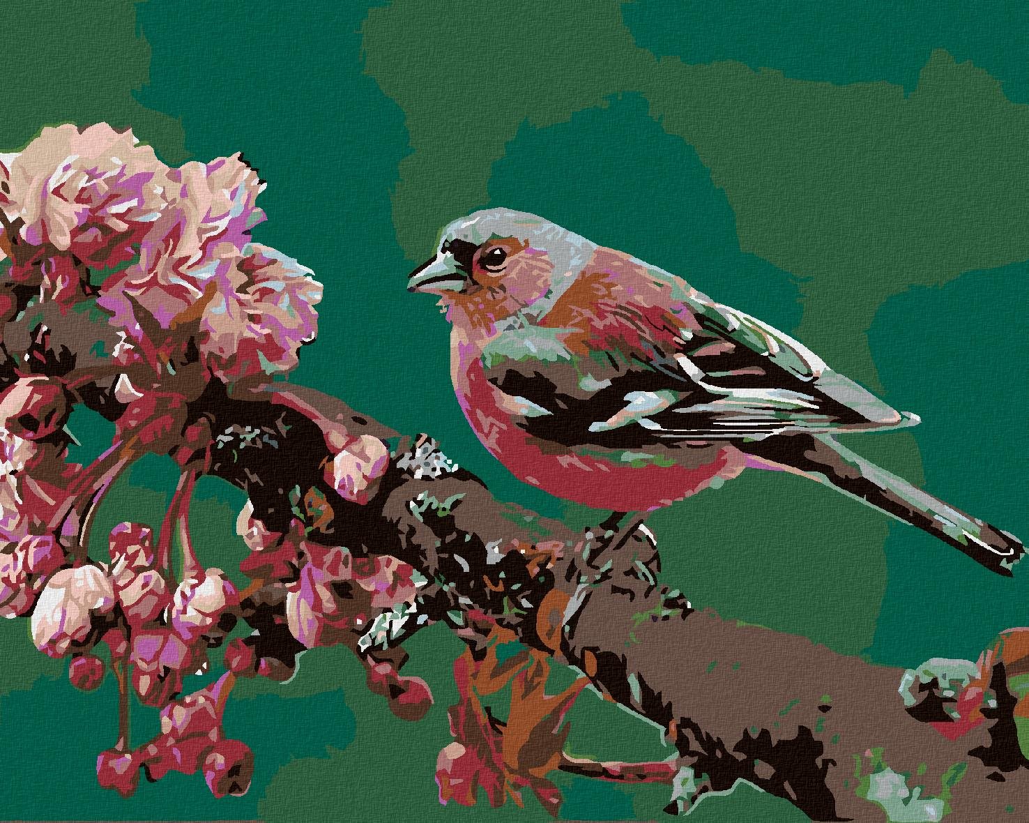 Maľovanie podľa čísel – Kvitnúca sakura a ružový vtáčik, 50 × 40 cm, napnuté plátno na rám