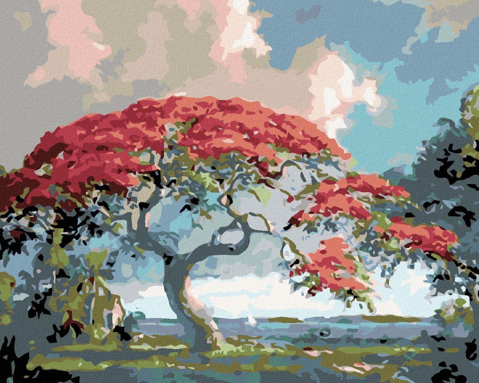 Maľovanie podľa čísel – Červený bonsaj, 50 × 40 cm, bez rámu a bez napnutia plátna
