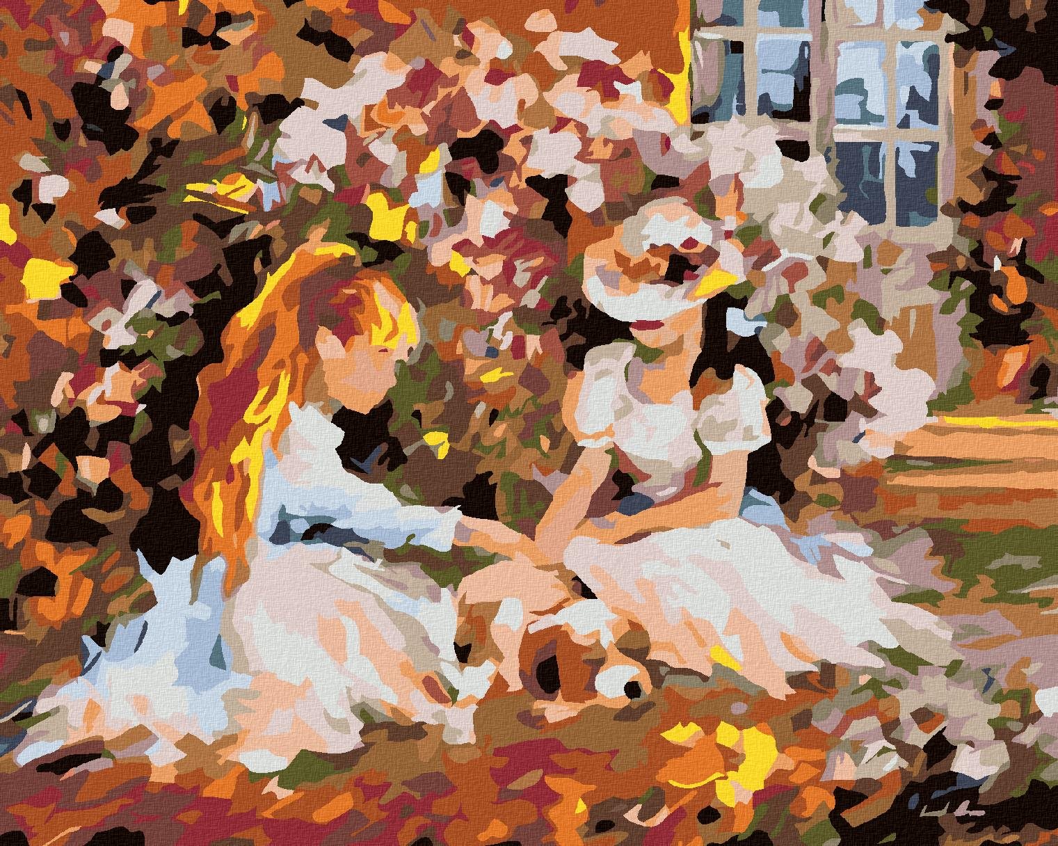 Maľovanie podľa čísel – Dievčatá v záhrade a šteňa, 100 × 80 cm, napnuté plátno na rám