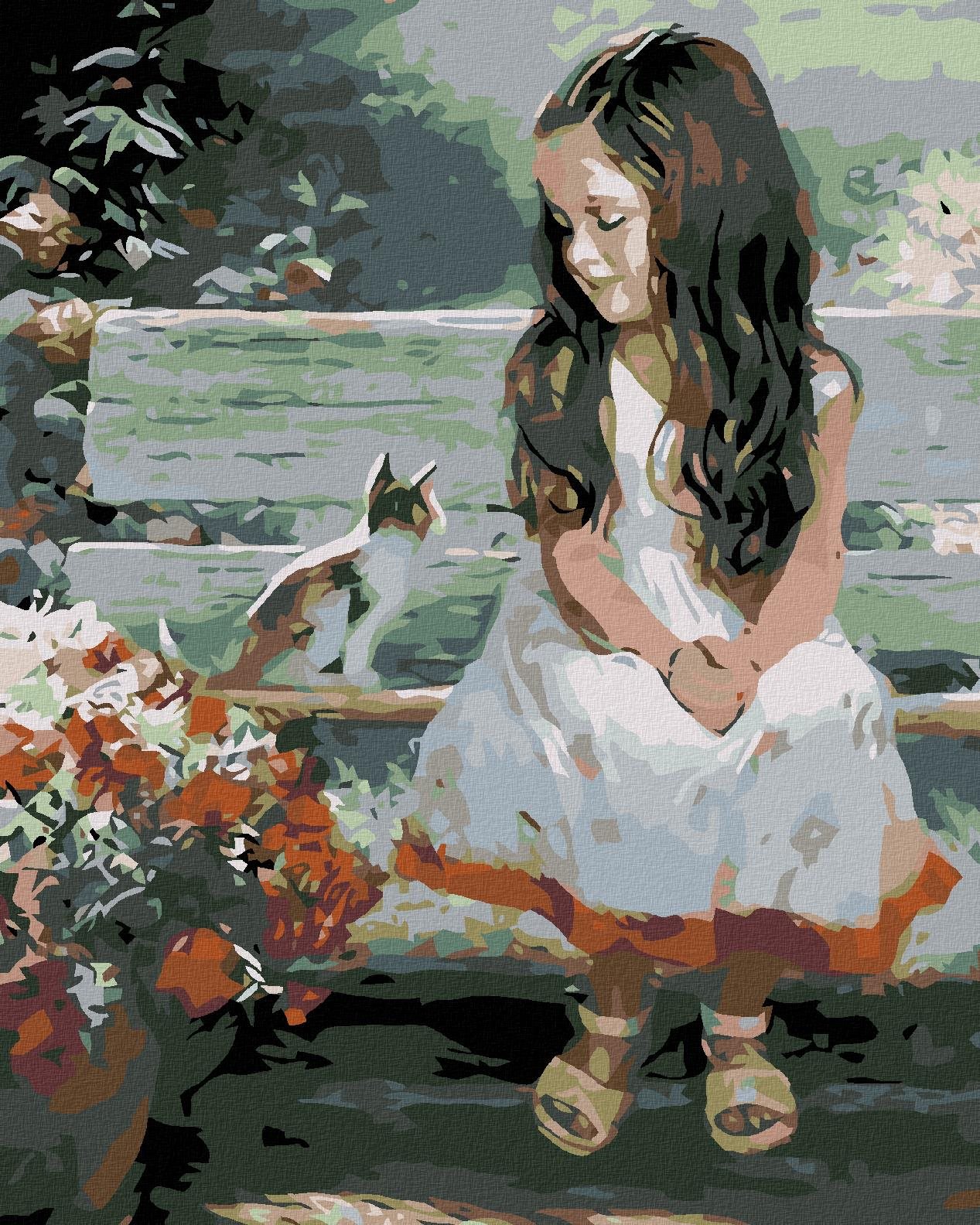 Maľovanie podľa čísel – Dievčatko s mačiatkom, 80 × 100 cm, plátno napnuté na rám