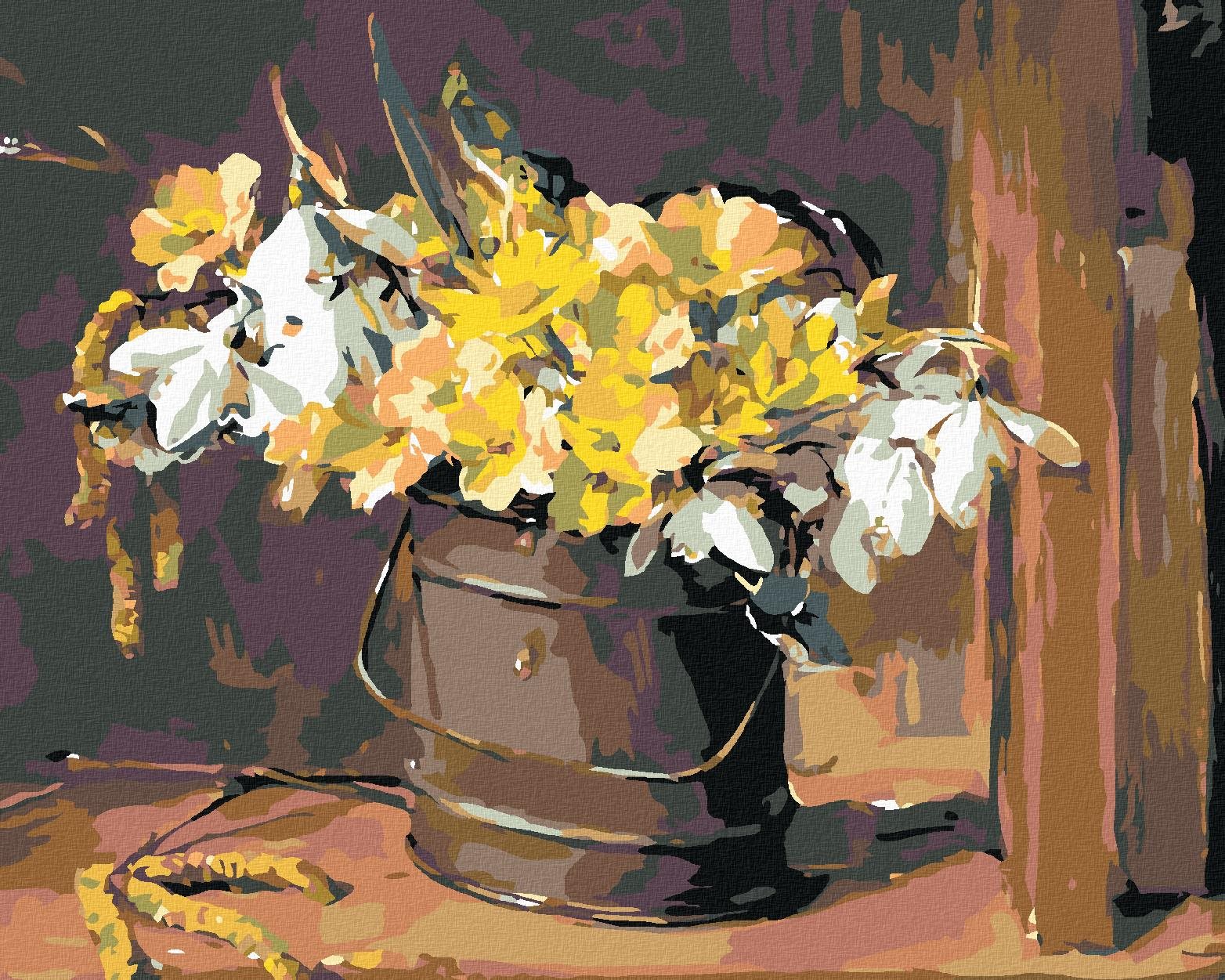 Maľovanie podľa čísel – Lúčne kvety vo vedierku, 50 × 40 cm, bez rámu a bez napnutého plátna