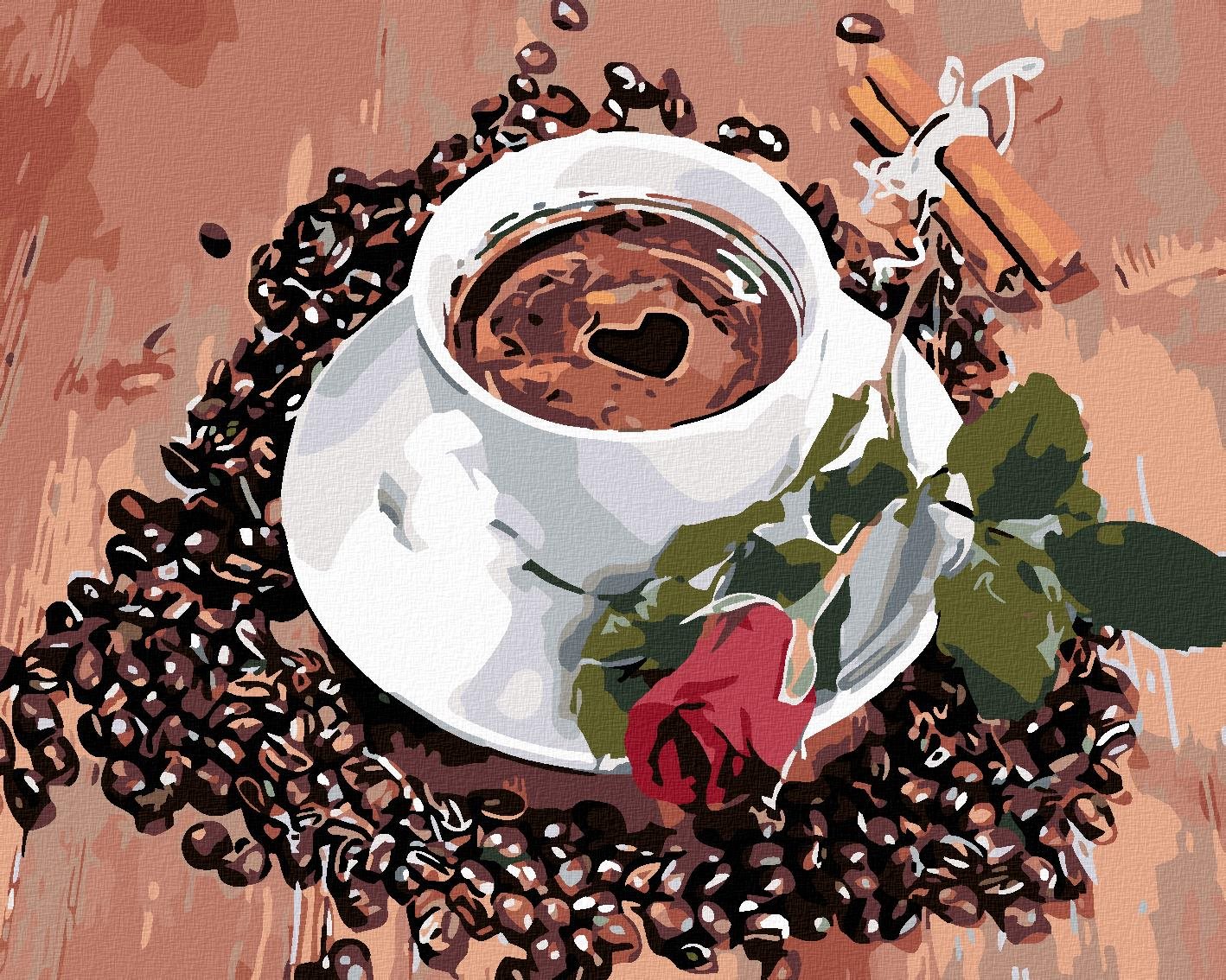 Maľovanie podľa čísel – Šálka kávy a ruže, 50 × 40 cm, bez rámu a bez napnutého plátna