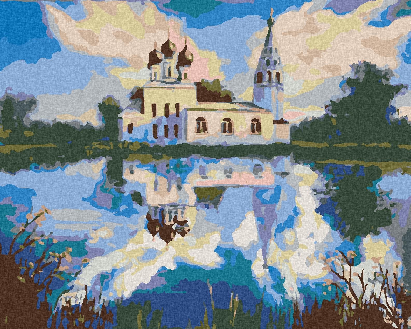 Maľovanie podľa čísel - Kostolík pri rybníku, 100 x 80 cm, napnuté plátno na ráme