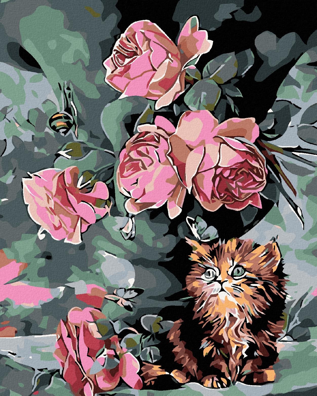 Maľovanie podľa čísel – Malé mačiatko medzi kvetmi, 80 × 100 cm, bez rámu a bez napnutého plátna