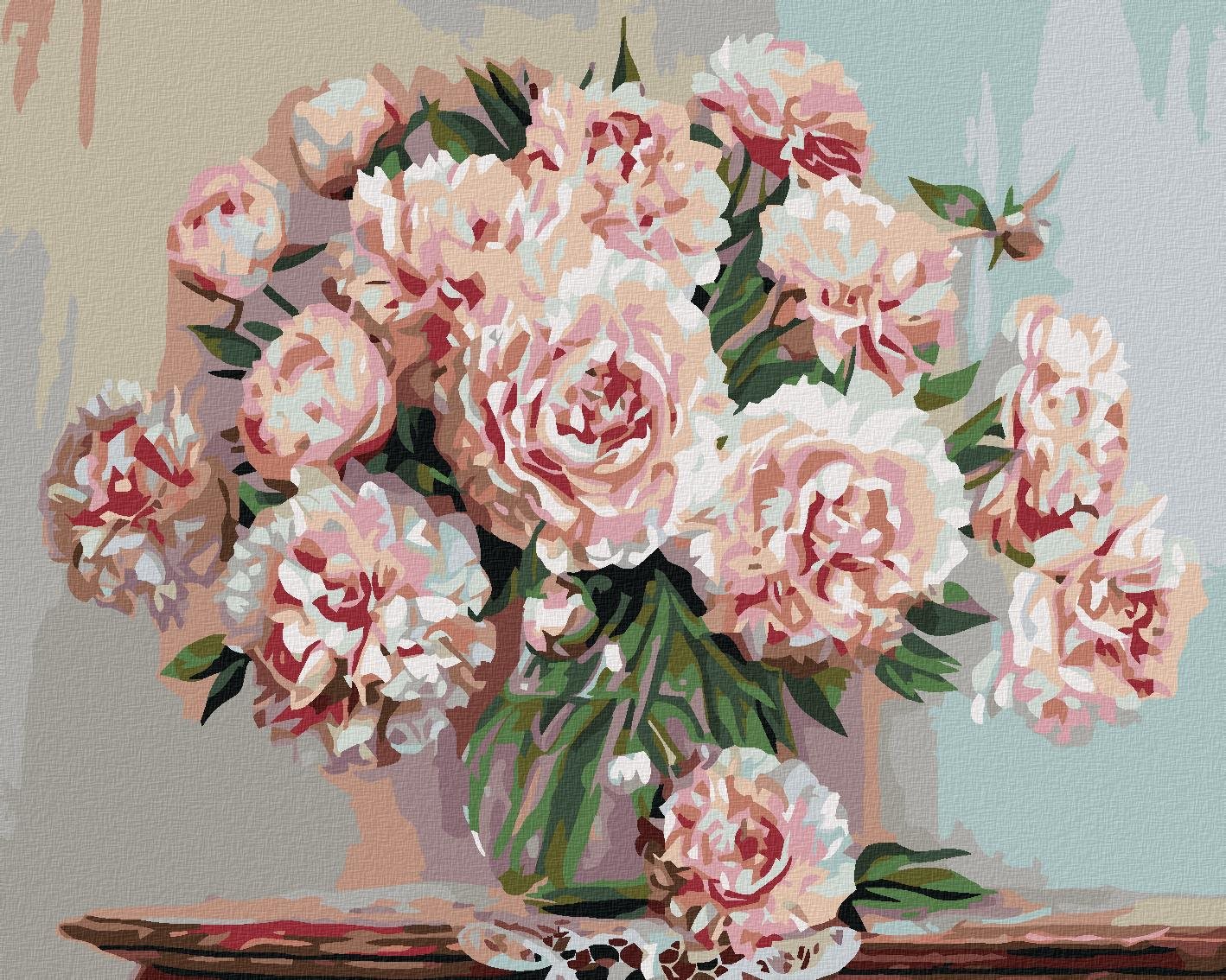Maľovanie podľa čísel – Pivónie v skle, 50 × 40 cm, bez rámu a bez napnutého plátna