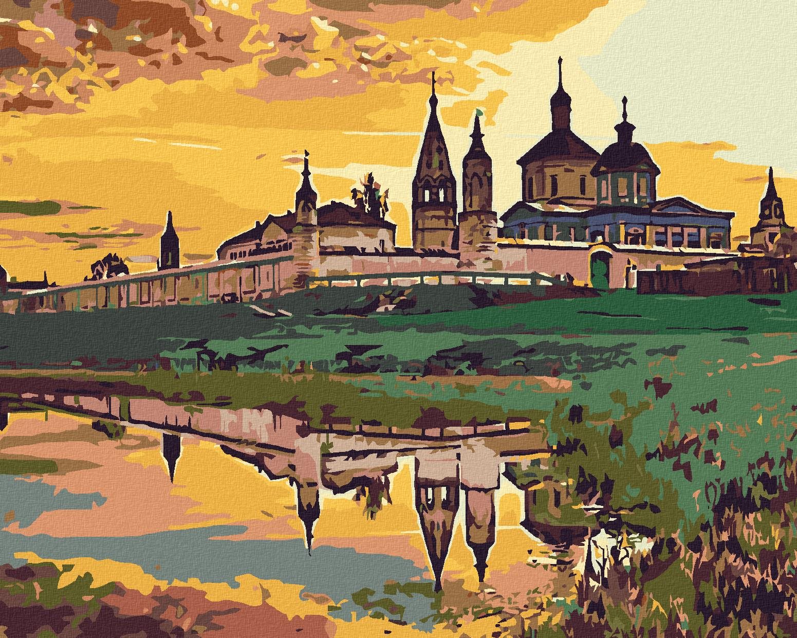 Maľovanie podľa čísel – Zámok pri vode a západ slnka, 100 × 80 cm, napnuté plátno na rám