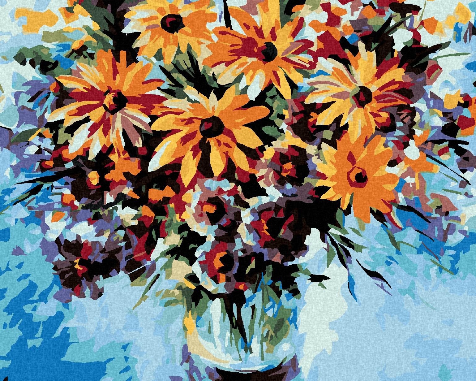 Maľovanie podľa čísel – Lúčne kvety a modré pozadie, 50 × 40 cm, bez rámu a bez napnutého plátna