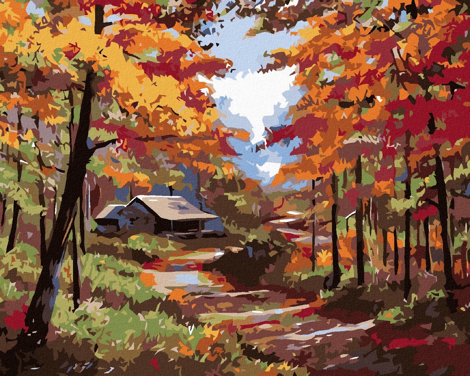 Maľovanie podľa čísel – Chalupa v jesennom lese, 50 × 40 cm, bez rámu a bez napnutého plátna