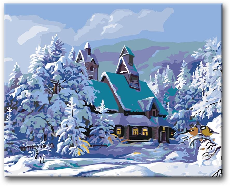Maľovanie podľa čísel – Zasnežený dom, 80 × 100 cm, napnuté plátno na rám