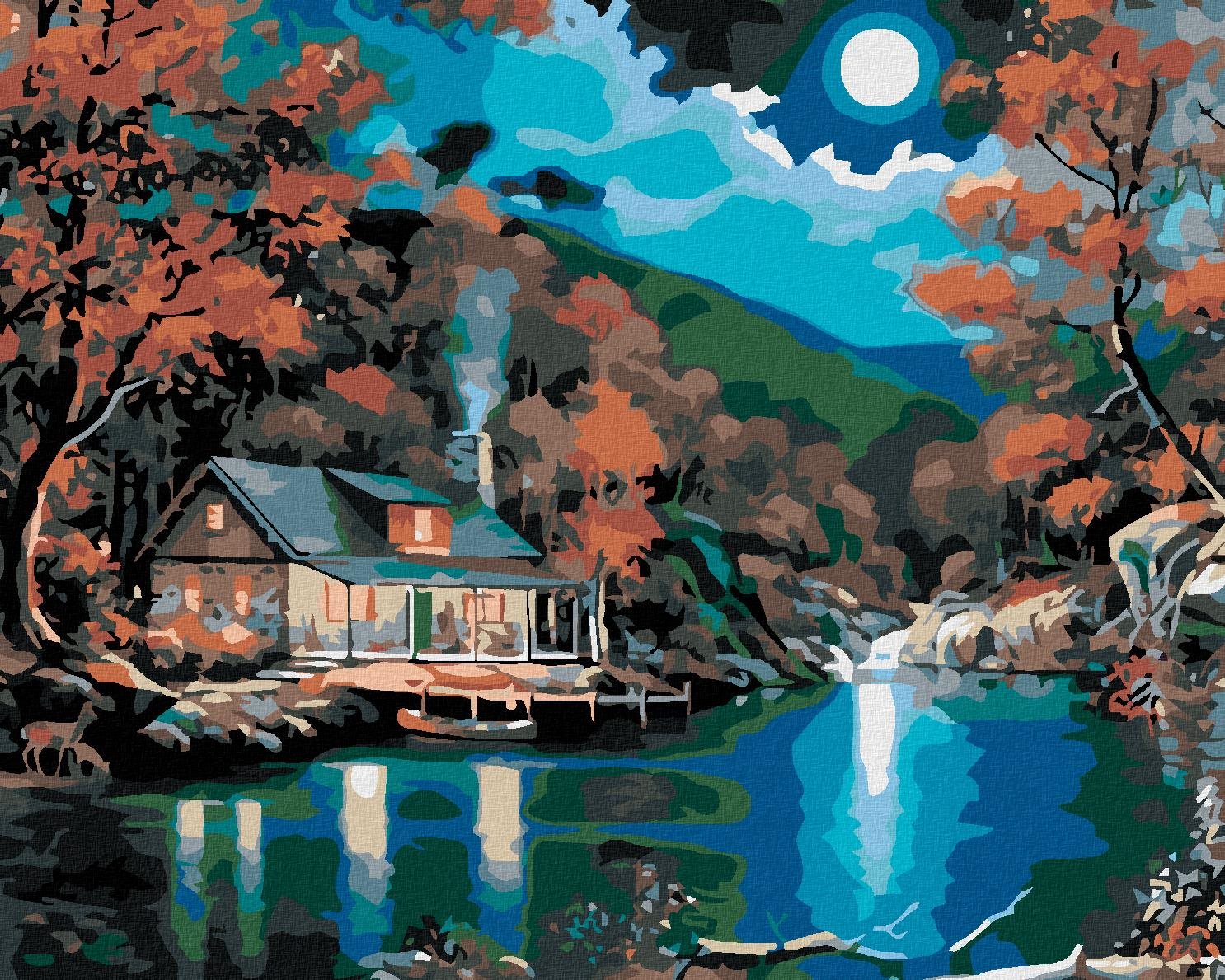 Maľovanie podľa čísel – Chatka pri jazere, 50 × 40 cm, bez rámu a bez napnutého plátna