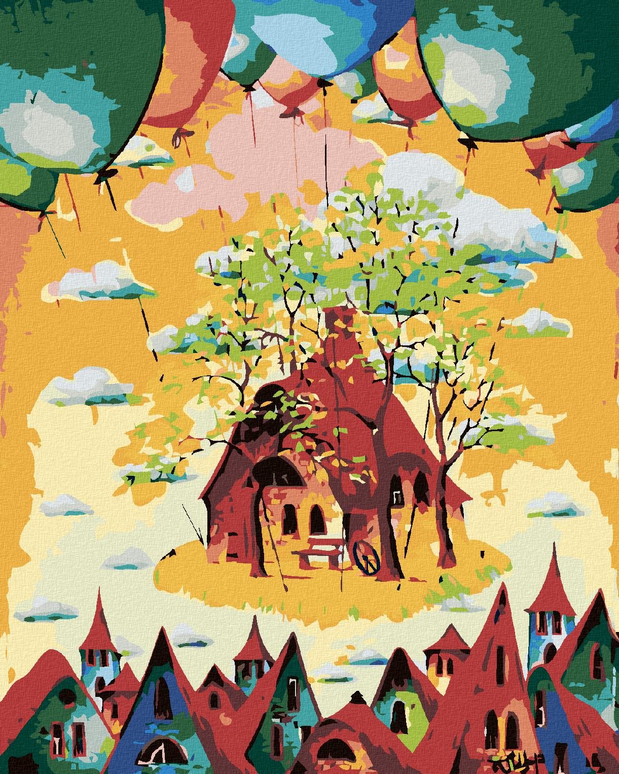 Maľovanie podľa čísel – Farebné domčeky s balónikmi, 80 × 100 cm, bez rámu a bez napnutia plátna