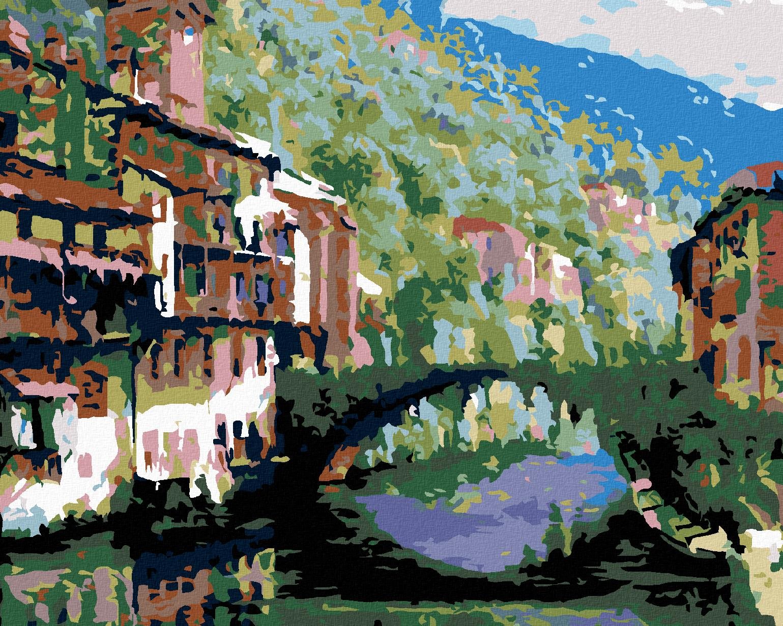Maľovanie podľa čísel - Rieka medzi domami a obrastený most, 50 x 40 cm, bez rámu a napnutého plátna