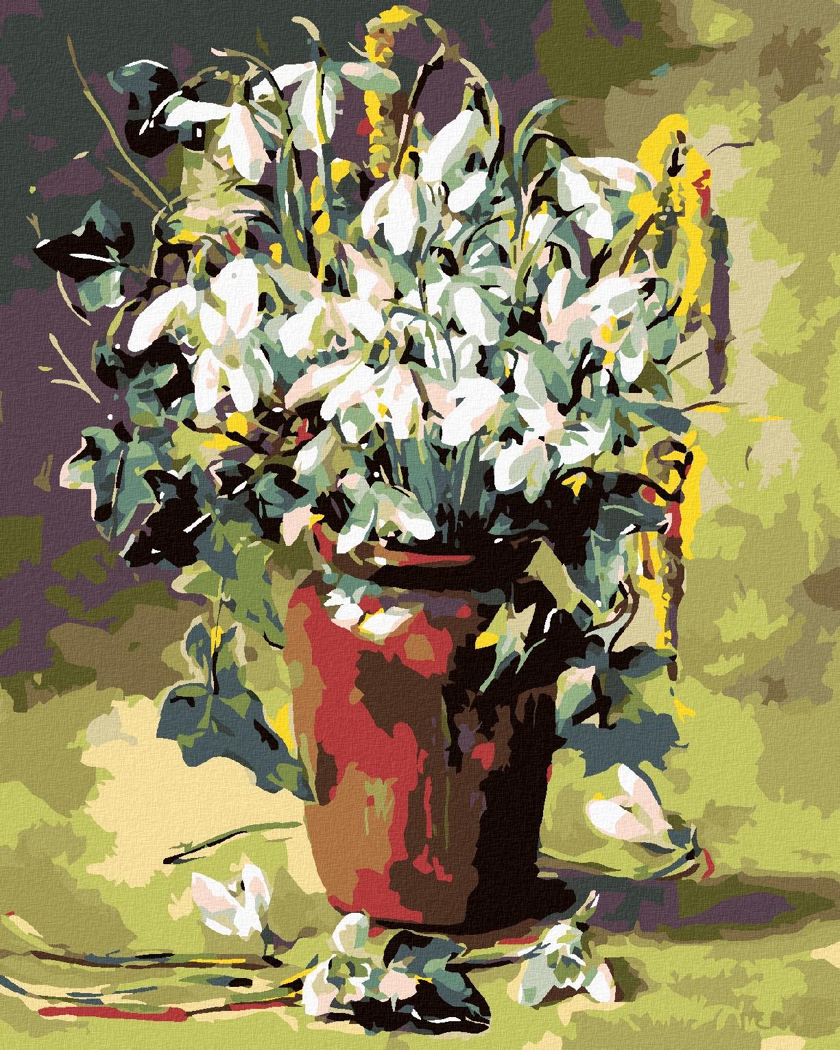 Maľovanie podľa čísel – Veľkonočné kvety v hnedej váze, 80 × 100 cm, napnuté plátno na rám