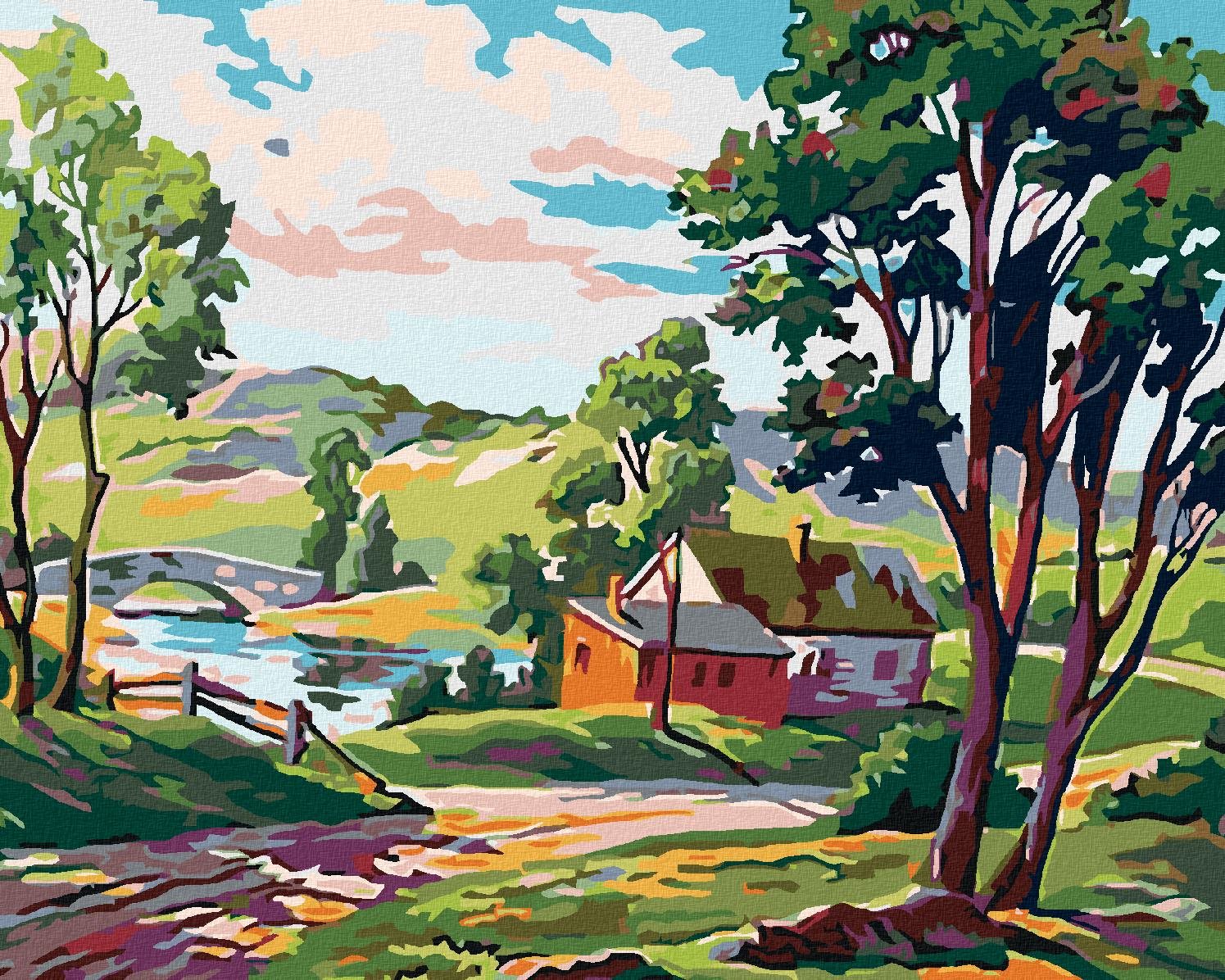 Maľovanie podľa čísel - Vidiecka stavba pri rybníku, 50 x 40 cm, napnuté plátno na ráme