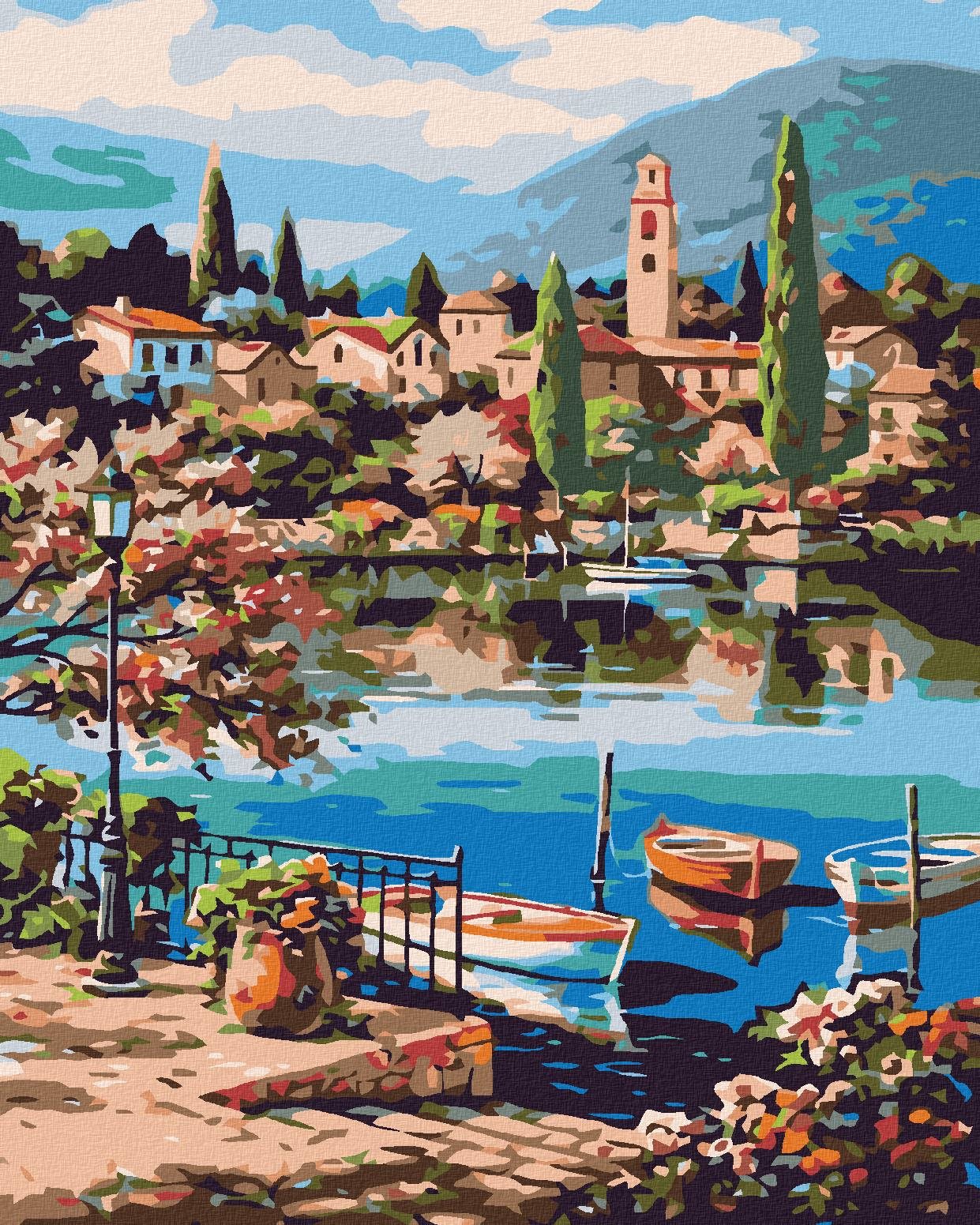 Maľovanie podľa čísel – Veslice na horskom jazere, 80 × 100 cm, napnuté plátno na rám