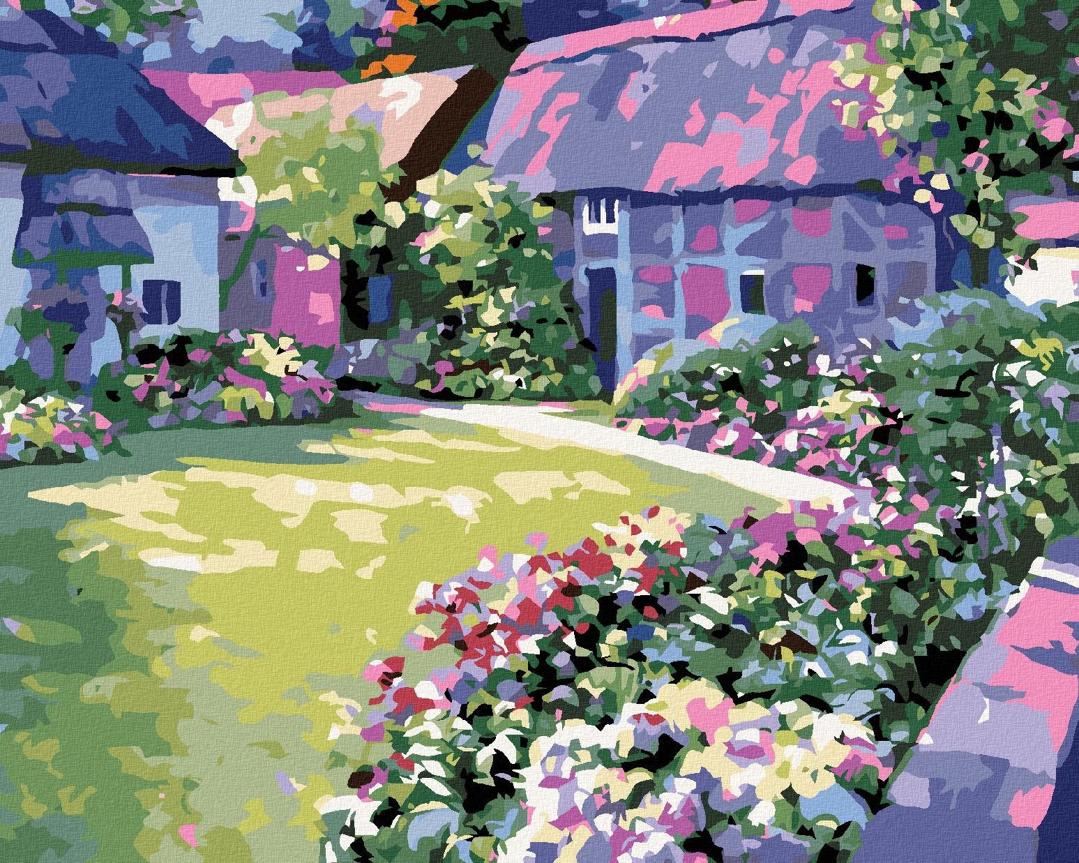 Maľovanie podľa čísel – Kvety v záhrade pri dome, 100 × 80 cm, vypnuté plátno na rám