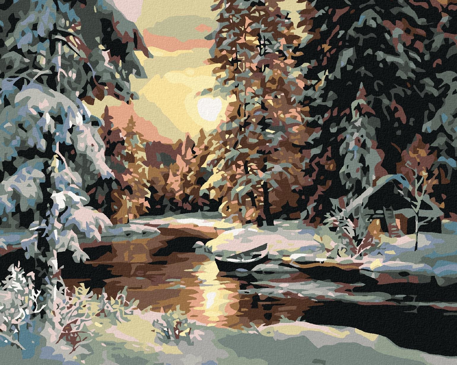 Maľovanie podľa čísel – Západ slnka nad lesom, 100 × 80 cm, bez rámu a bez napnutia plátna