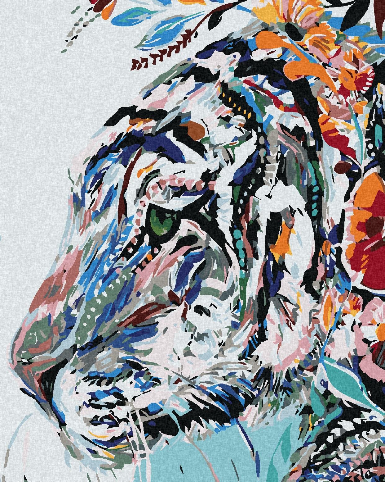 Maľovanie podľa čísel – Biely tiger s kvetmi, 80 × 100 cm, bez rámu a bez napnutia plátna