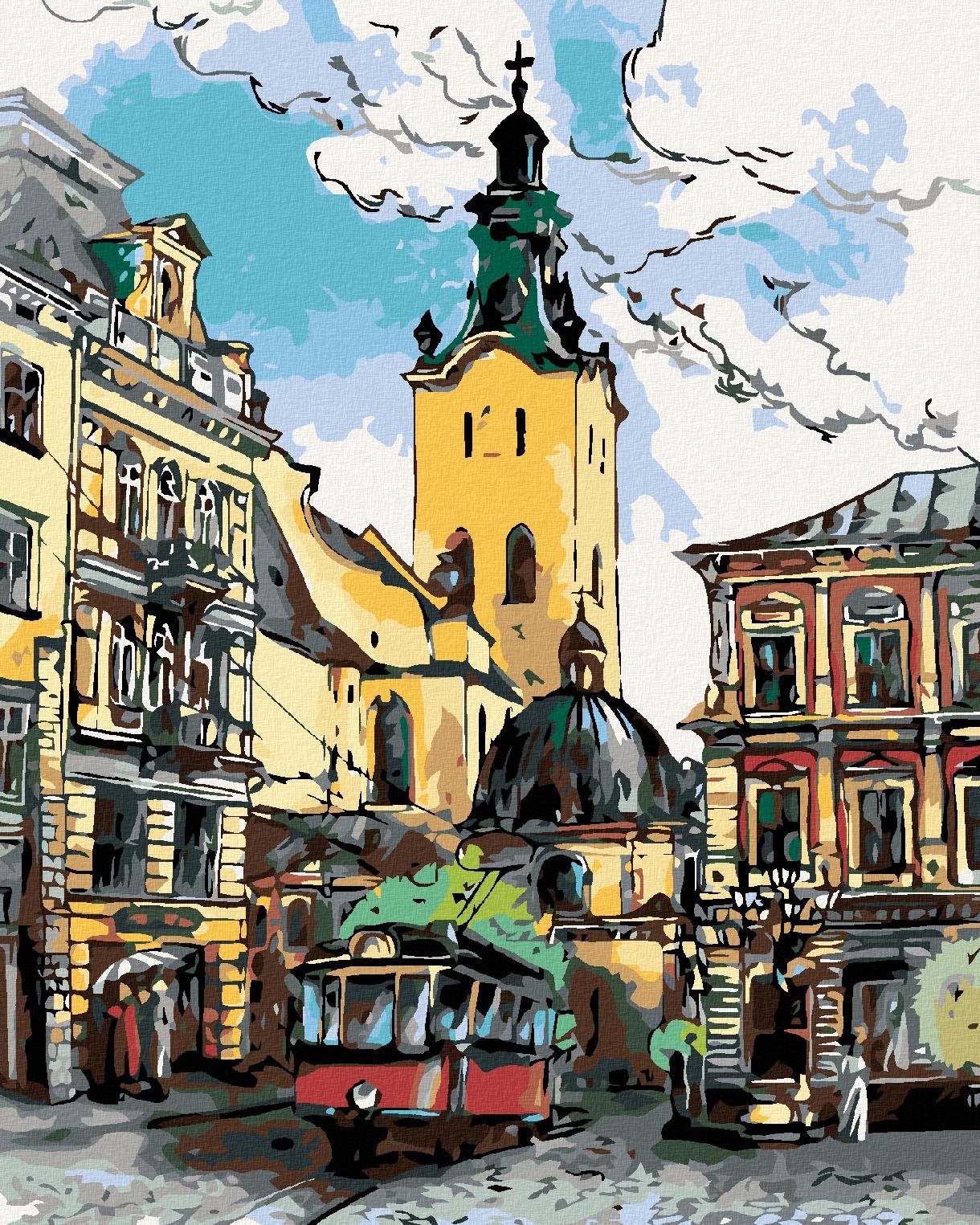 Maľovanie podľa čísel - Trolejbus na námestí, 40 x 50 cm, napnuté plátno na ráme